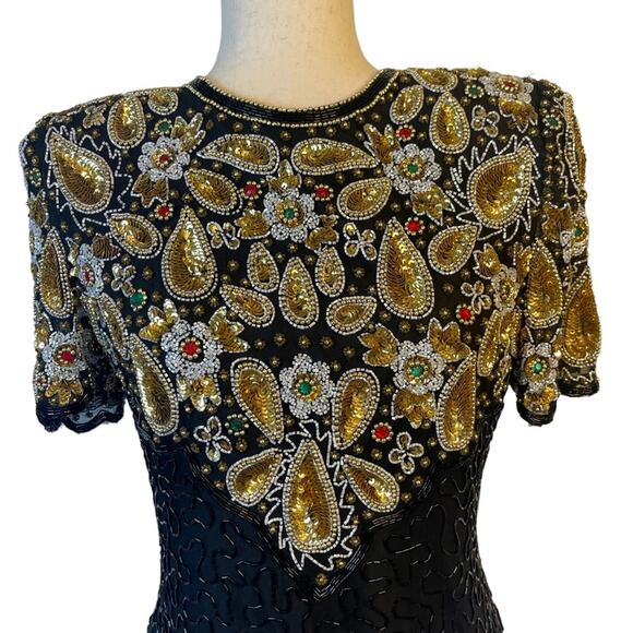 Laurence Kazar Vintage 80s Heavily Beaded Silk Cocktail Dress MP - Picture 5 of 16